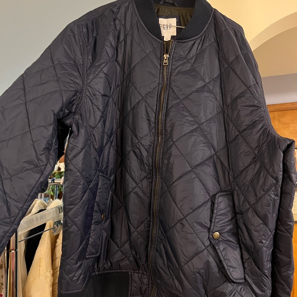Gap Men’s Coat Navy Blue Quilted Jacket L Nylon Zip Up
